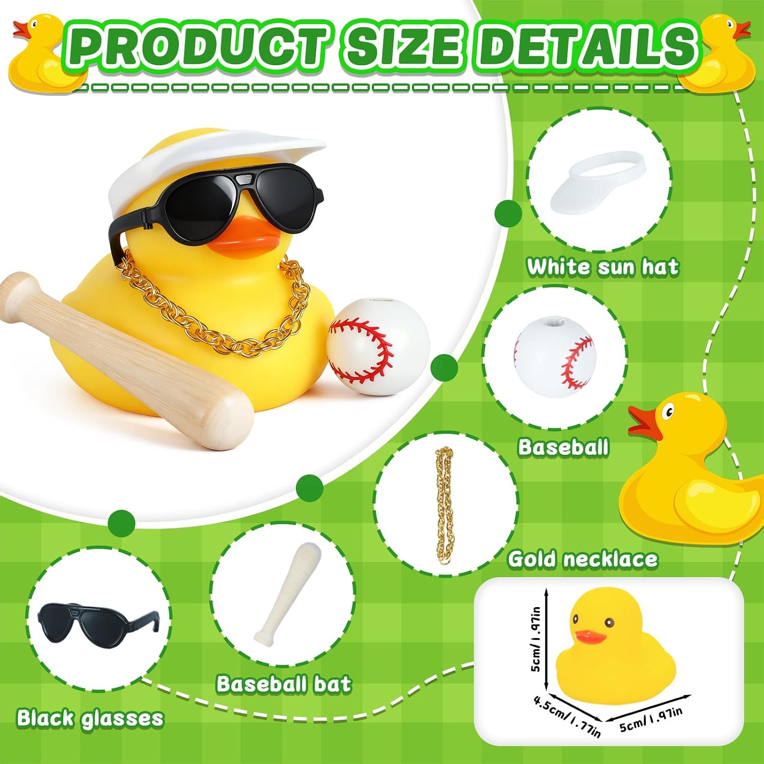 Baseball Rubber Duck Car Dashboard Decorations with Accessories (Visor, Sunglasses, Bat, Ball) - Stress Relief Car Accessories for Adults, Office, Home Decor, Funny Gifts for Men Women image 2