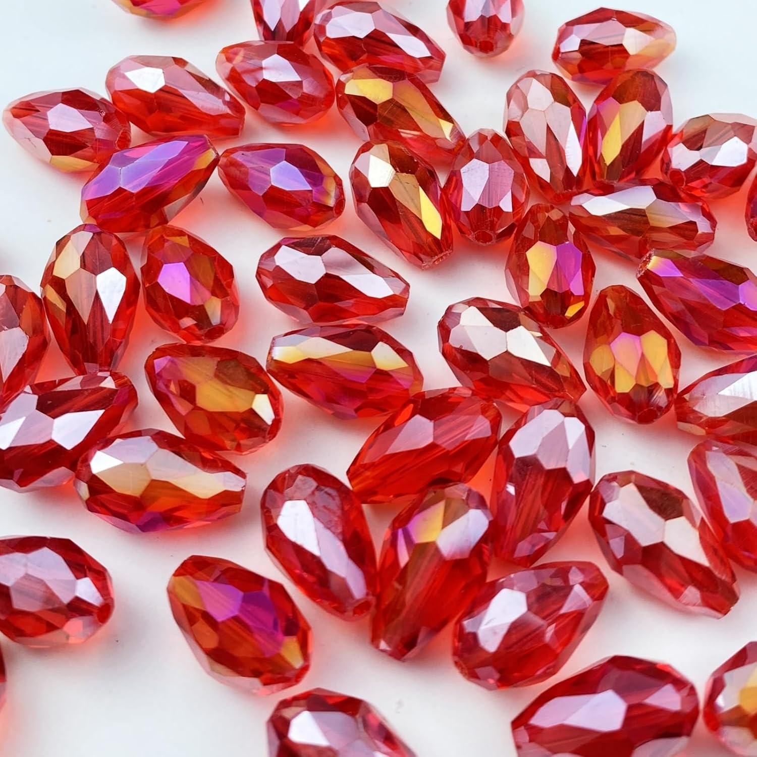 130pcs 6x8mm Teardrop Crystal Glass Beads Vertical Hole Faceted Glass Teardrop Spacer Beads for Bracelets Necklace Earring DIY Jewelry Making Craft(Red AB)