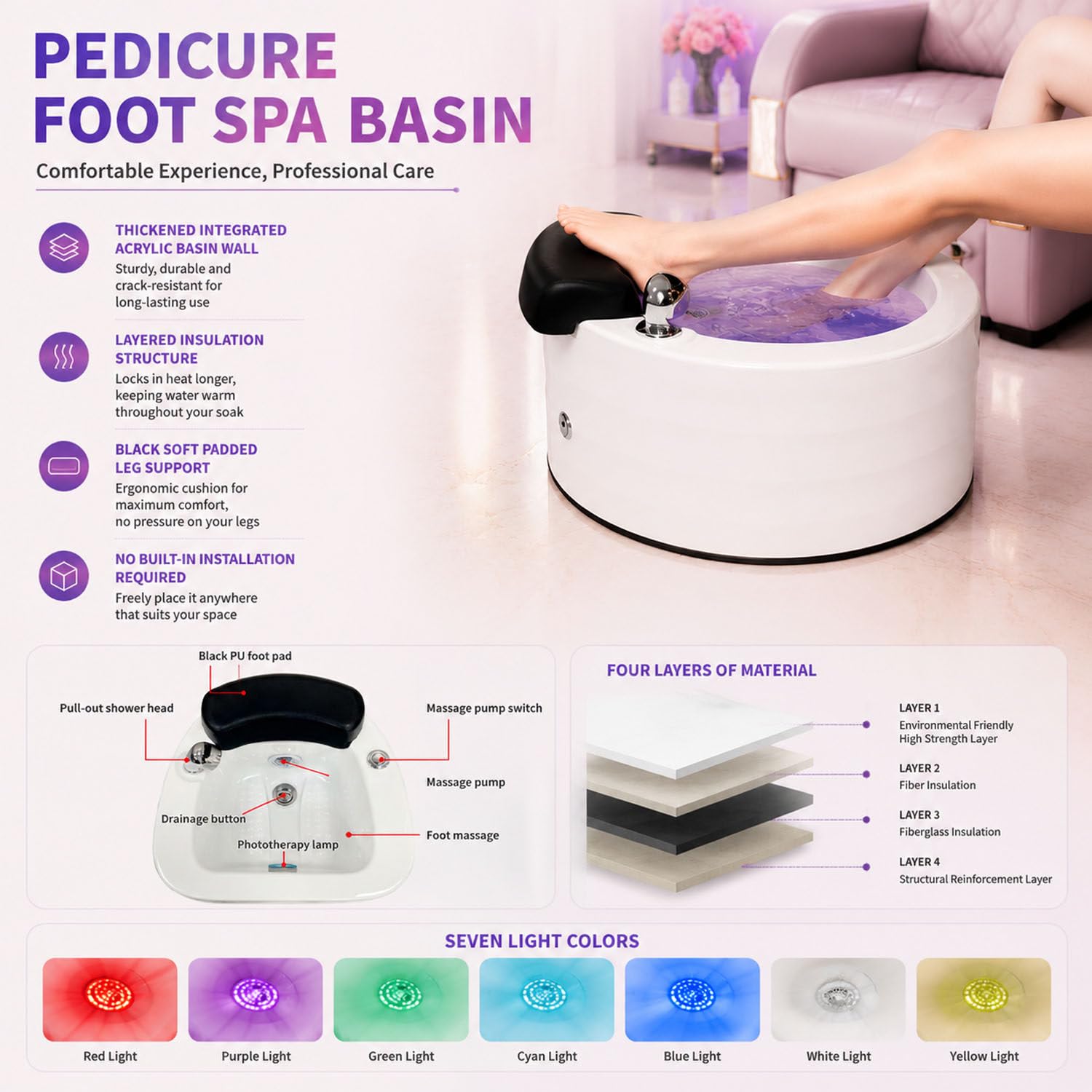 DowPie Salonowa umywalka spa do pedicure, wiele kształtów, z odpływem 220v-001 | Regulowana temperatura, wypukłości masujące i szybki odpływ – do użytku domowego i salonowego