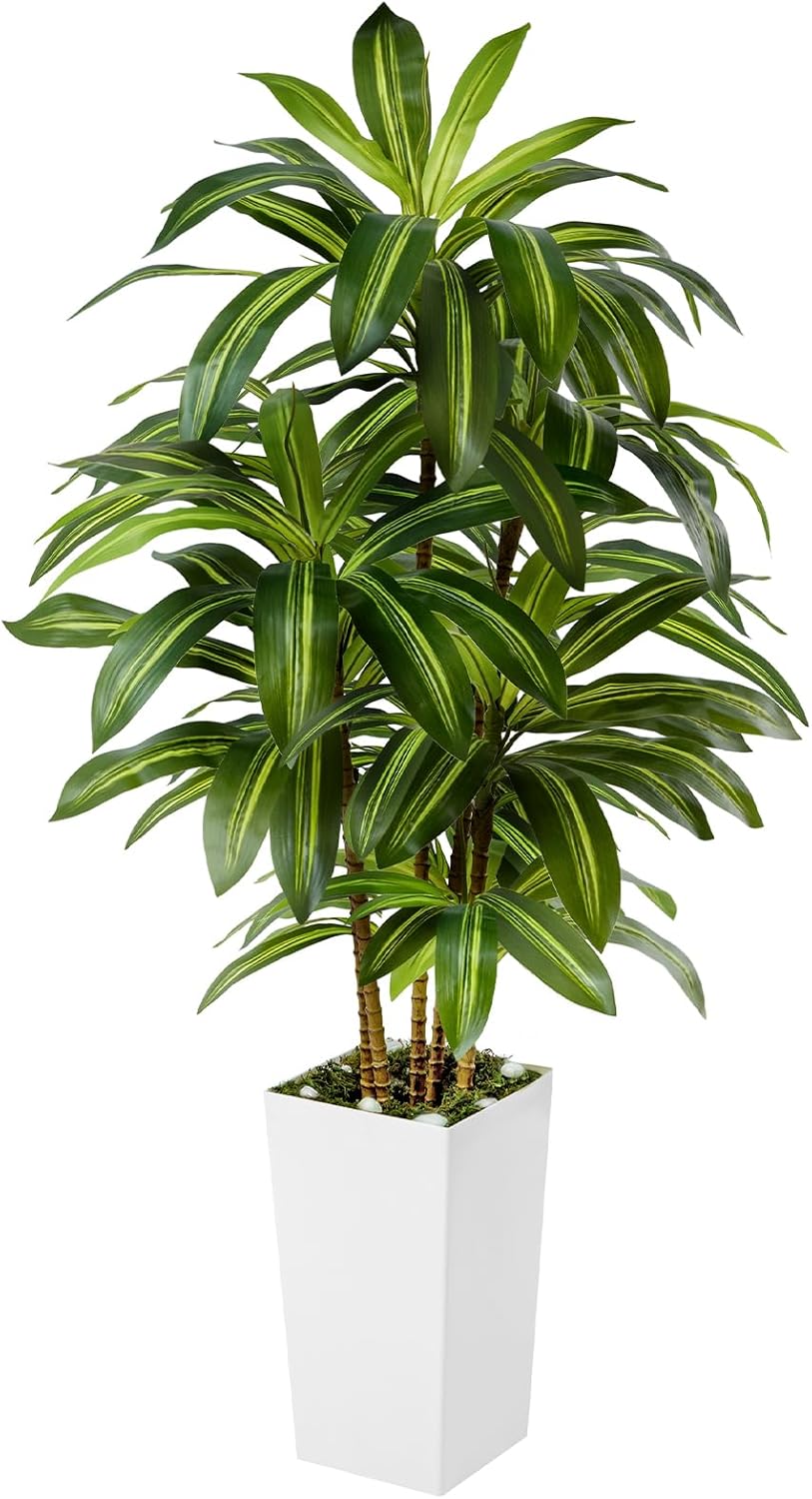 5FT Artificial Dracaena Tree - Fake Tree with White Tall Planter Realistic 6-Trunk Faux Tree for Home/Office Faux Yucca Tall Fake Floor Plant in Pot - Artificial Trees for Modern & Farmhouse Decor