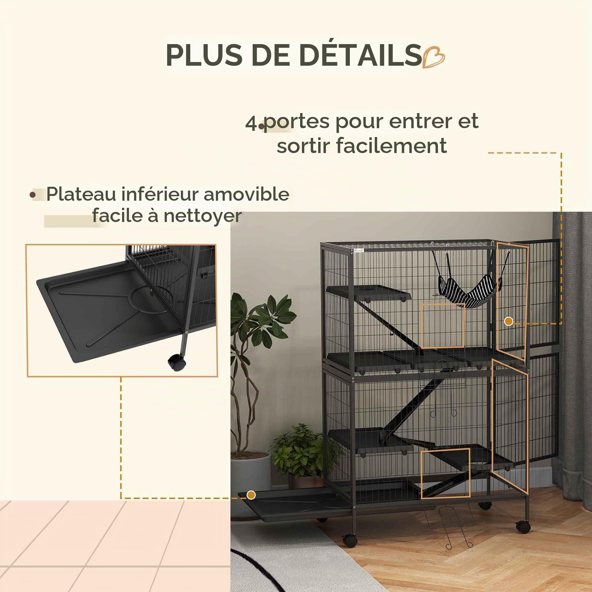 PawHut Cage pour Petits Animaux 4 Niveaux Cage pour rongeurs avec Roues, rampes, hamac Suspendu et Plateau Amovible Enclos pour Lapins Chinchillas Furets 80x52x128 cm Gris foncé