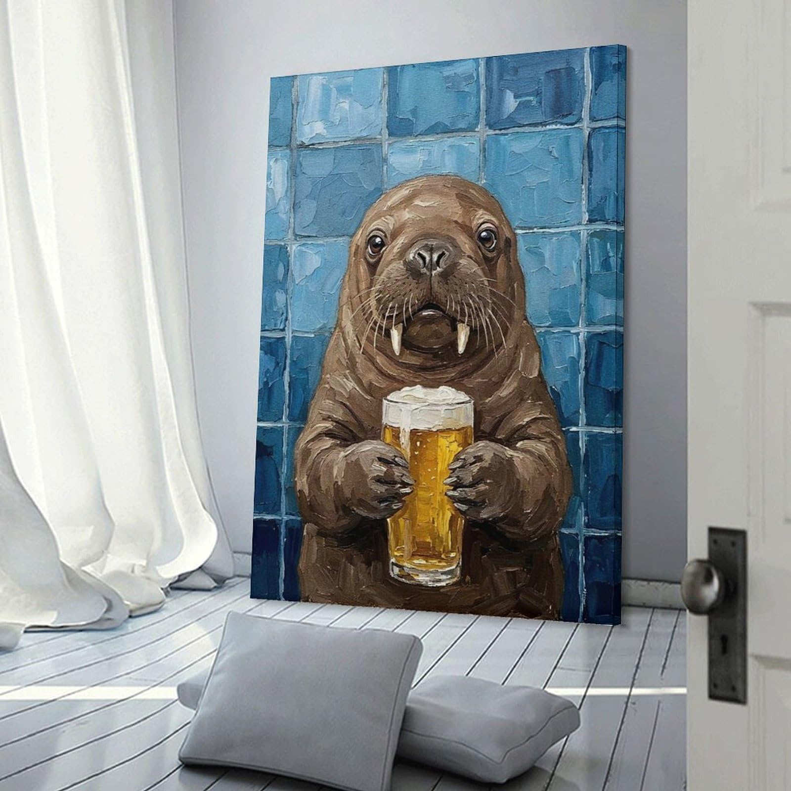 Junmoney Home Decor Wall Art Walrus with Beer Painting, 16x24inch(40x60cm), for New Homes, Bedrooms Or Workspaces, Home Decor Gift with Stylish Appeal
