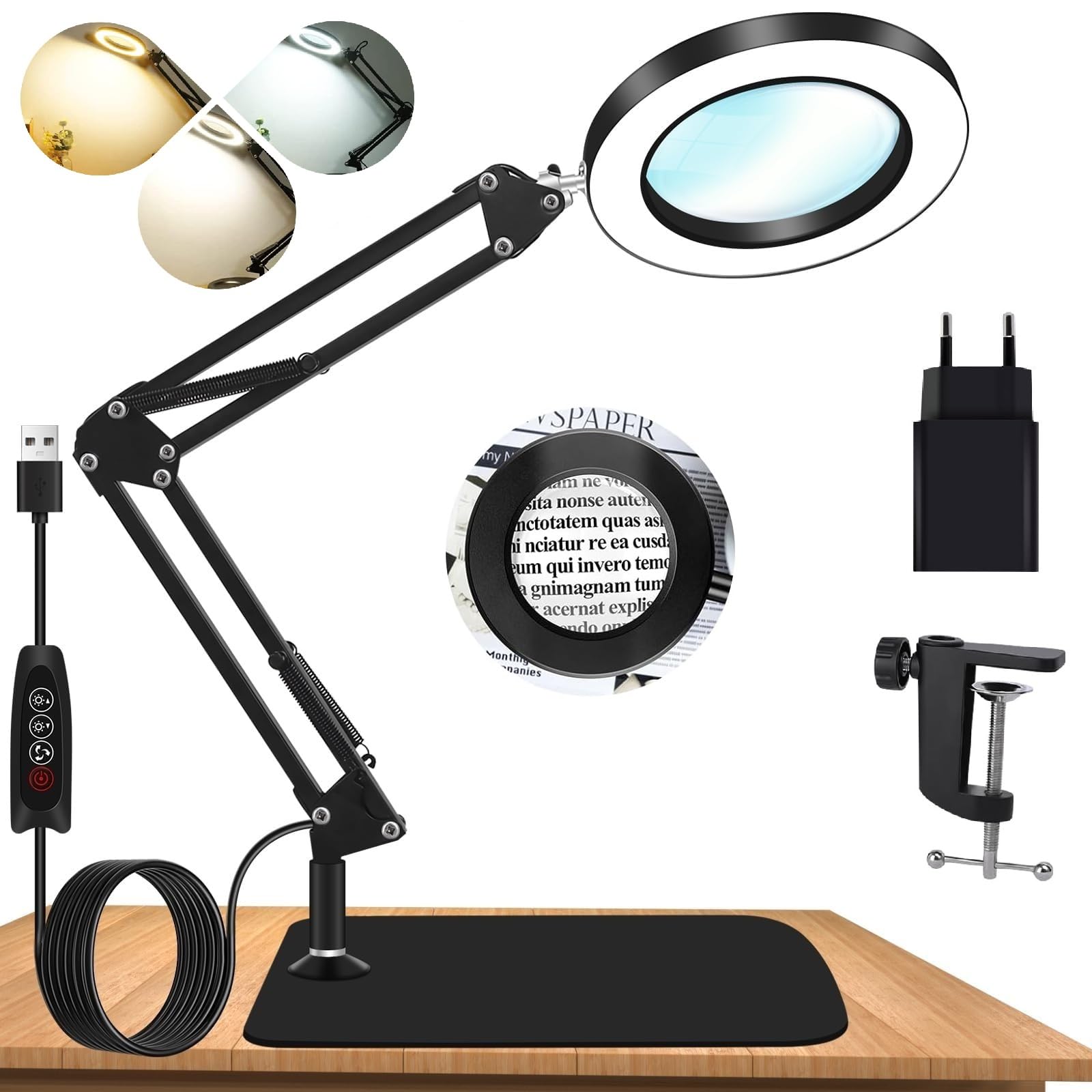 Lupa 2 w 1 ze światłem i stojakiem, 10x LED lampa z lupą z zaciskiem i obciążoną podstawką, 3 tryby kolorów, ściemnianie, do napraw ręcznych