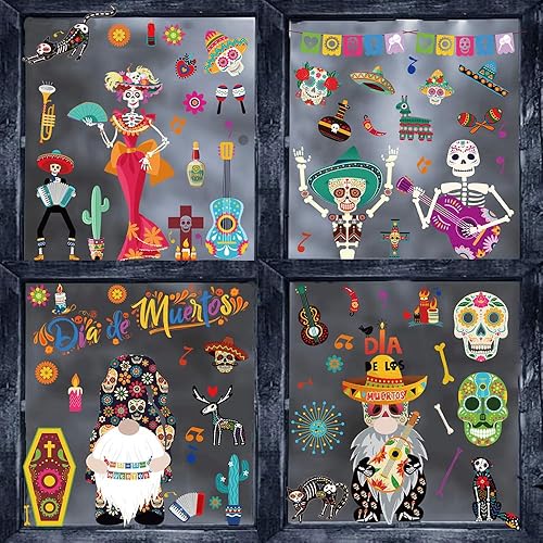 Calcomanías para ventana de Halloween, calaveras de azúcar, Día de los Muertos, fiesta mexicana, calavera de azúcar, calcomanías reutilizables