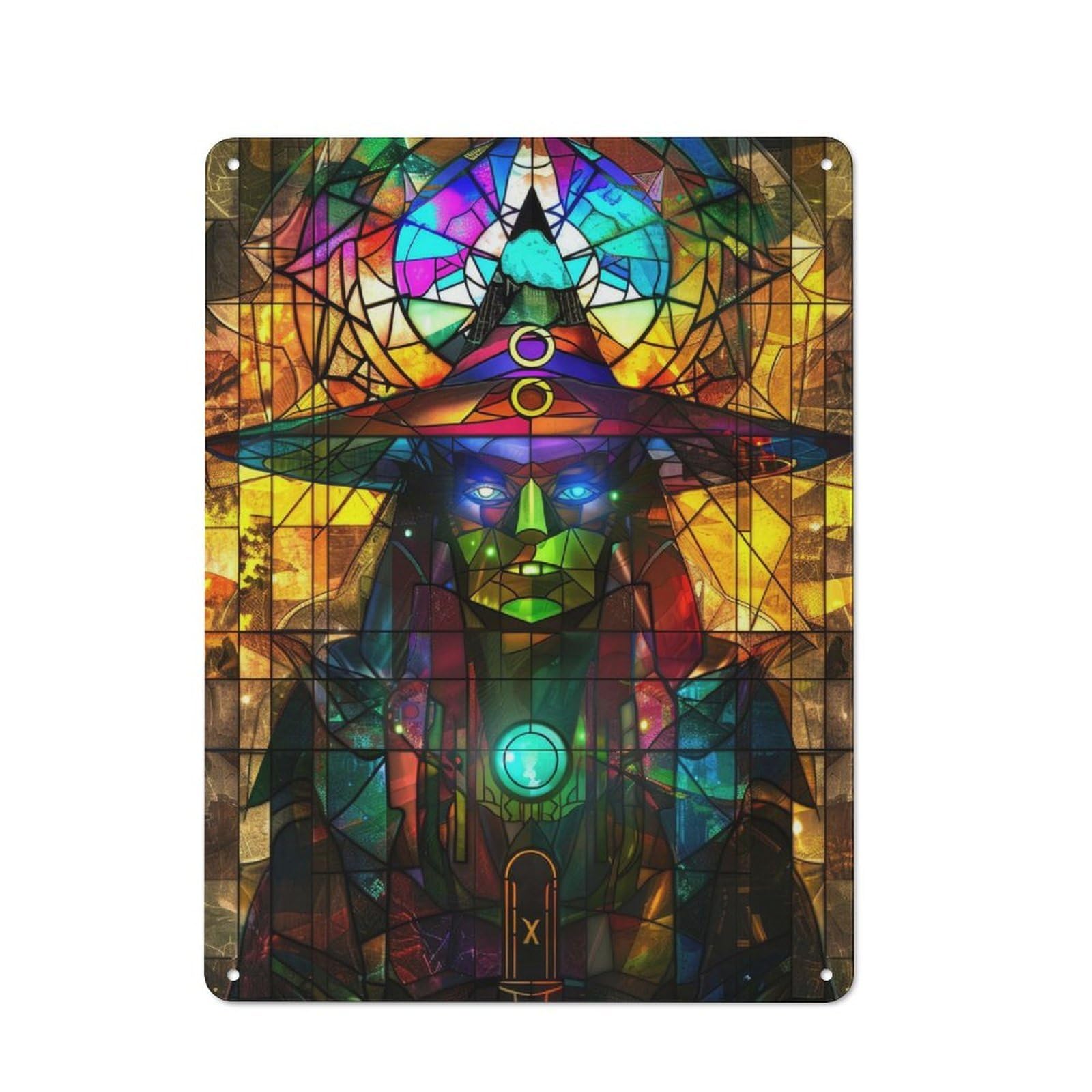 Junmoney Stained Glass Witch Tin Sign With Design 40X30cm, Weathered Look Industrial Wall Art For Workshop, Basement, Shed Or Games Room