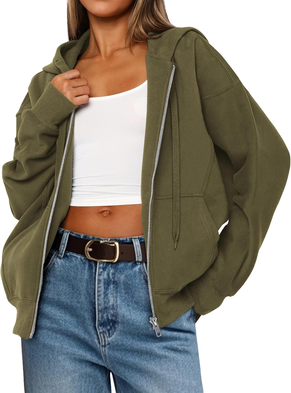 MASCOMODA Women Zip Up Hoodie Trendy Oversized Sweatshirt Casual Long Sleeve Fleece Jacket Fall Outfits Fashion Clothing