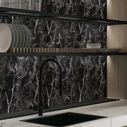 Miniatura 8 de Papel de mármol negro de 17.7 x 78.7 pulgadas, papel tapiz de granito para despegar y pegar, papel autoadhesivo para encimera, grosor para cocina,