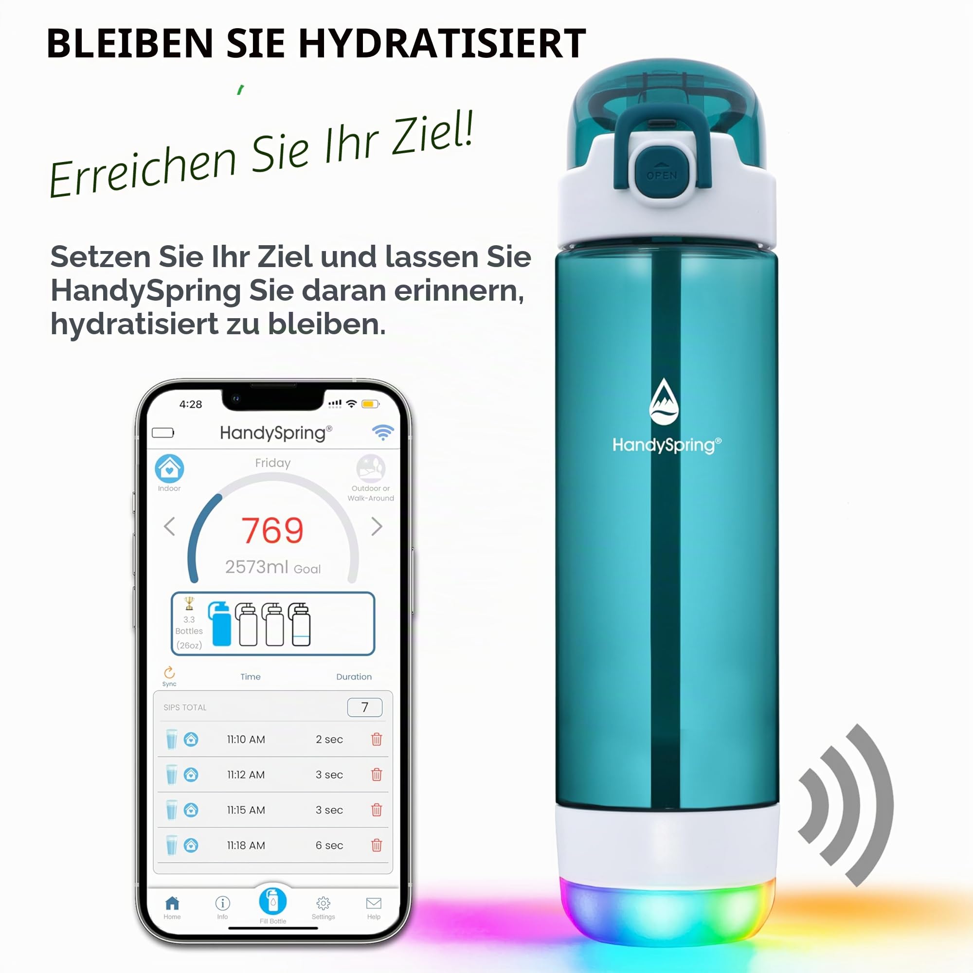 Intelligente Wasserflasche mit Erinnerung, Wasser zu trinken – Lichter und Sound Hydrate Glow Flasche 750 ml, intelligente Trinkerinnerung, motivierende Wasserflasche (grün)