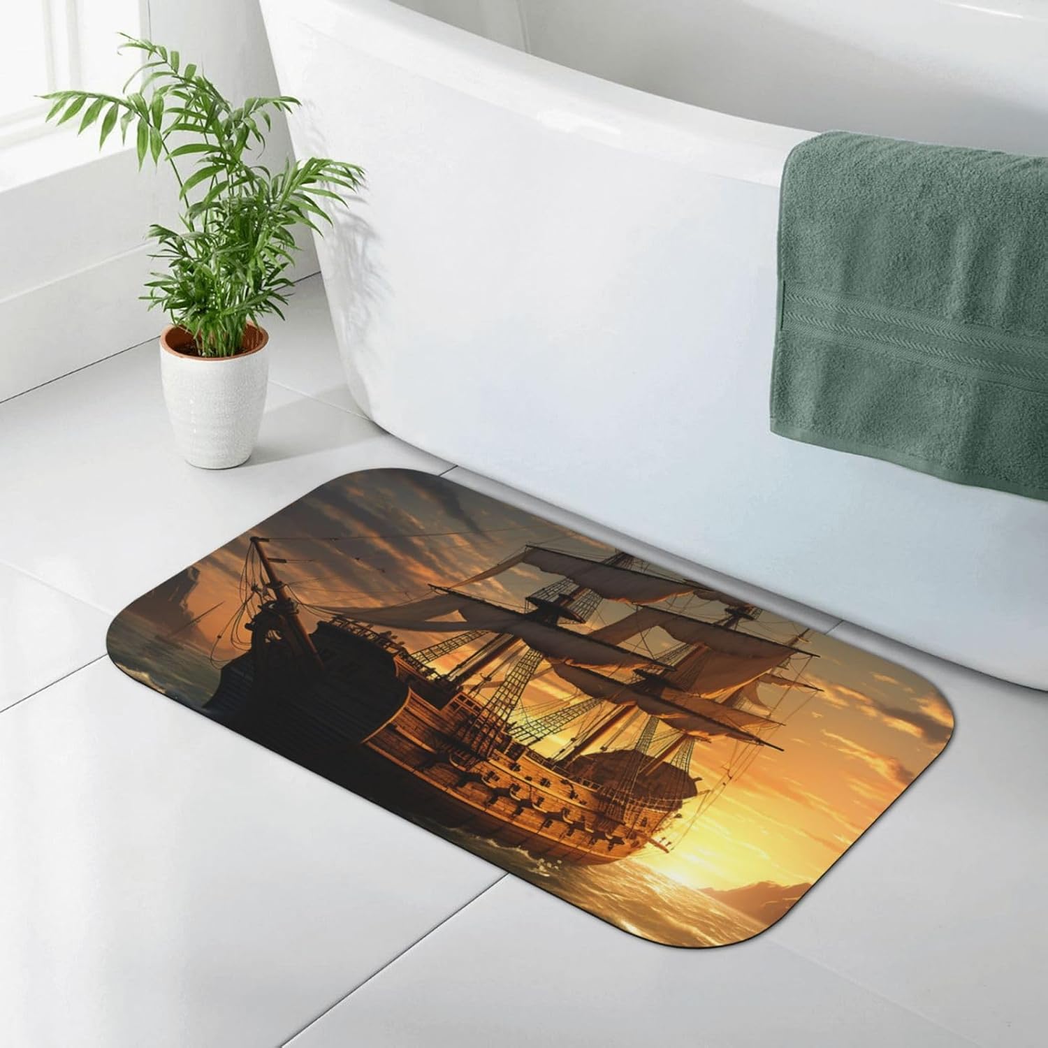 Stone Bath Mats Fantasy Pirate Ship Diatomaceous Earth Bath Mat Super Absorbent Bathroom Floor Mat Quick Drying Diatomite Shower Mat for Shower Bathtub Bathroom Accessory 19.7x31.5in