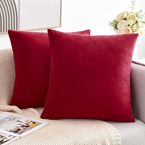 Juego de 2 fundas de almohada decorativas de terciopelo rojo de 18 x 18 pulgadas, fundas de almohada suaves de Navidad magenta para sofá, cama, sala