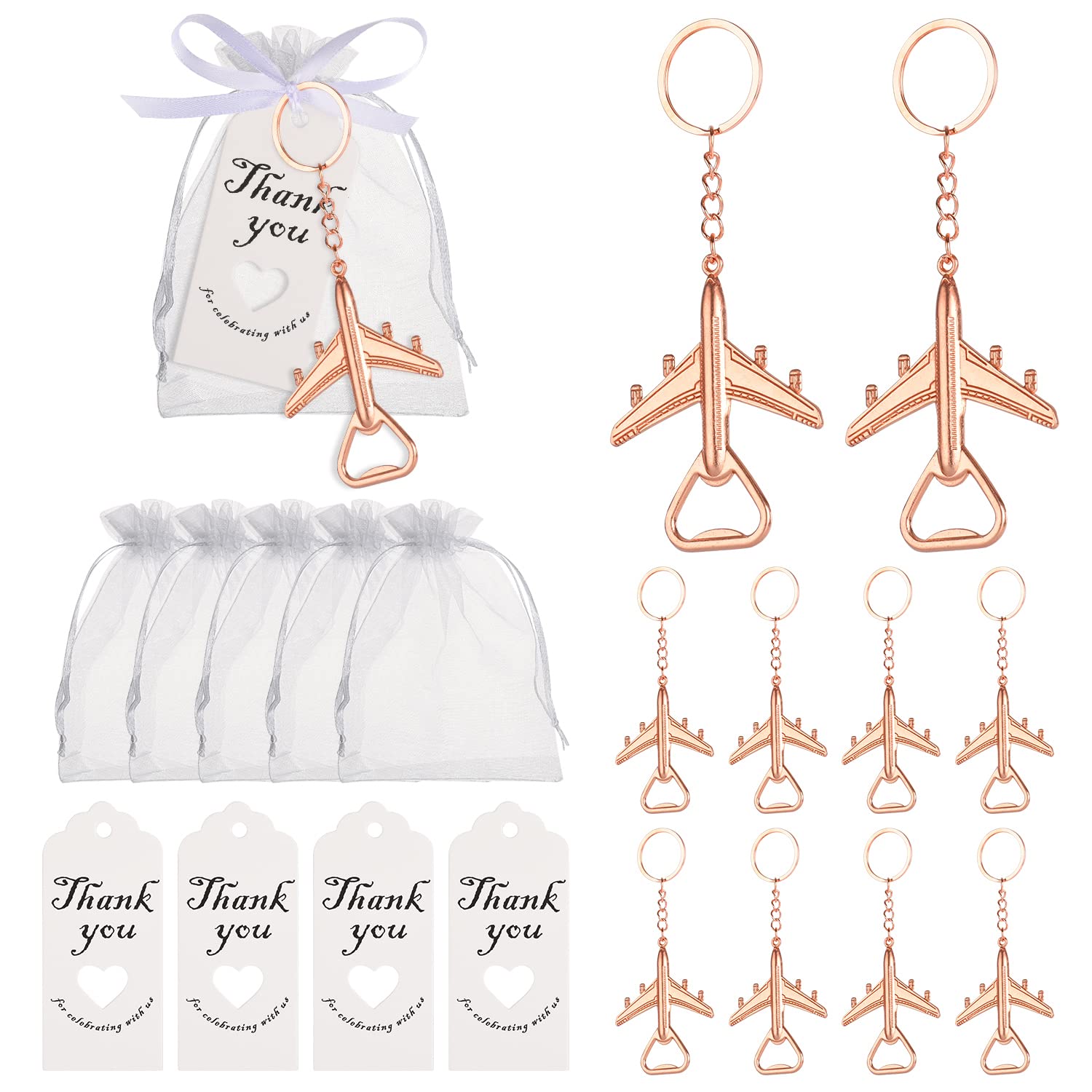 50Pcs Golden Airplane Bottle Openers with Keychain & Keyrings for Wedding Favors, Bridal Shower Return Gifts for Guests or to make flight attendant gifts for a trip?Include White Sheer Favor Bag