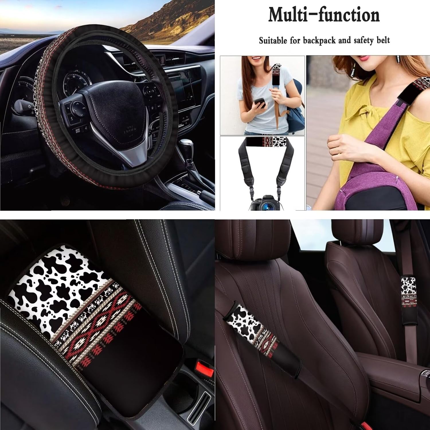 Aztec Cow Printed 17 Pieces Car Seat Covers, Car Accessories Set Car Floor Mats Steering Wheel Cover Armrest Pad Seat Belt Cover Shoulder Support Keychain for Cars SUV