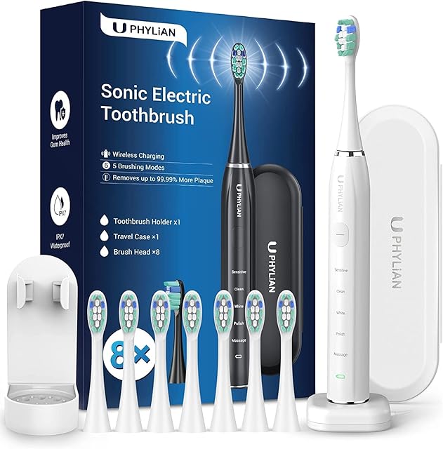 Sonic Electric Toothbrush for Adults and Kids with 8 Toothbrush Heads, Wireless Charging Base, PHYLIAN H15 Sonic Toothbrush with Toothbrush Holder, Tavel Case