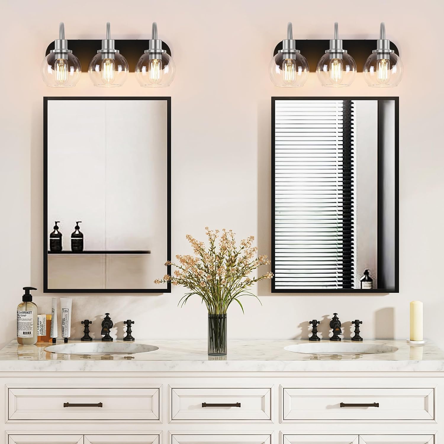 Dpyrrhic Modern 3-Light Vanity Light, Bathroom Lighting Fixture Over Mirror With Clear Glass Shade and Metal Base, Matte Black and Brushed Nickel
