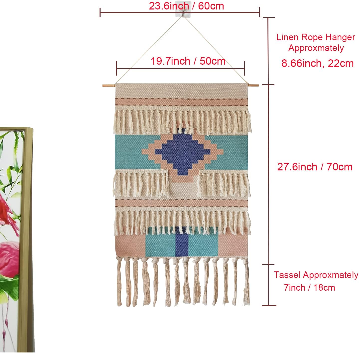 Macrame Woven Wall Tapestry Hanging Art, 20" W x 34" H Extra Large Boho Chic Bohemian Morocco Geometric Tapestries Decor for Apartment Dorm Kids Living Room Bedroom Door Entrance (Abstract Blue-007)