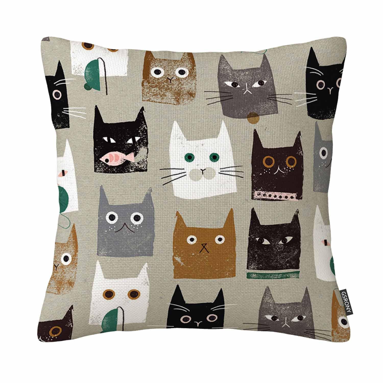Gsrony Orange Whimsical Pet Lover Throw Pillow Cover, Cute Cartoon Cat Faces Cotton Linen Decorative Cushion Case 18X18 Inch For Living Room Bedroom Home Decor