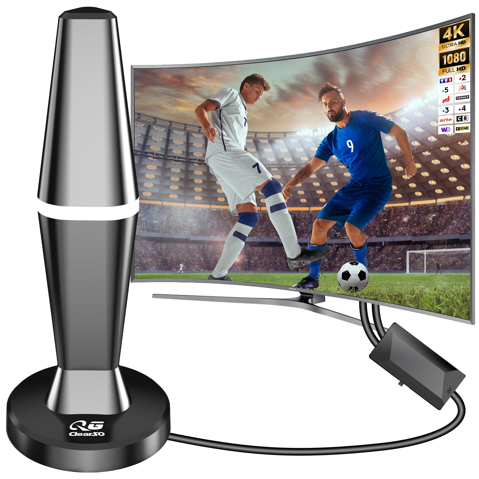 Antenne TNT intérieure équipée d'un amplificateur de Signal à Gain élevé | Réception 360°, compatible tous téléviseurs HD, capte chaînes TNT sans frais mensuels, base magnétique, câble coaxial long