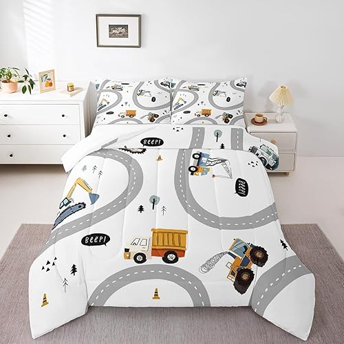 Miniatura 9 de Manfei Juego de edredón de excavadoras, tamaño individual, juego de edredón de tractor y camión con 1 funda de almohada, juego de ropa de cama