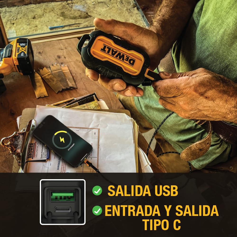 DEWALT Power Bank Resistente de Uso Intensivo, Batería Externa Portátil 10.000 mAh con Puerto USB-C, Cargador de Viaje y Trabajo para iPhone 17/16 Plus Pro MAX, iPhone 15/14/13, Samsung Galaxy | Batería con puerto USB-C para iPhone 17/16 Plus Pro Max, iPh