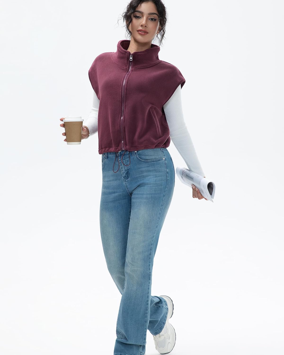 Women's Full Zip Fleece Short Vest Warm Winter Sleeveless Stand Collar Sherpa Crop Coat - Image 5