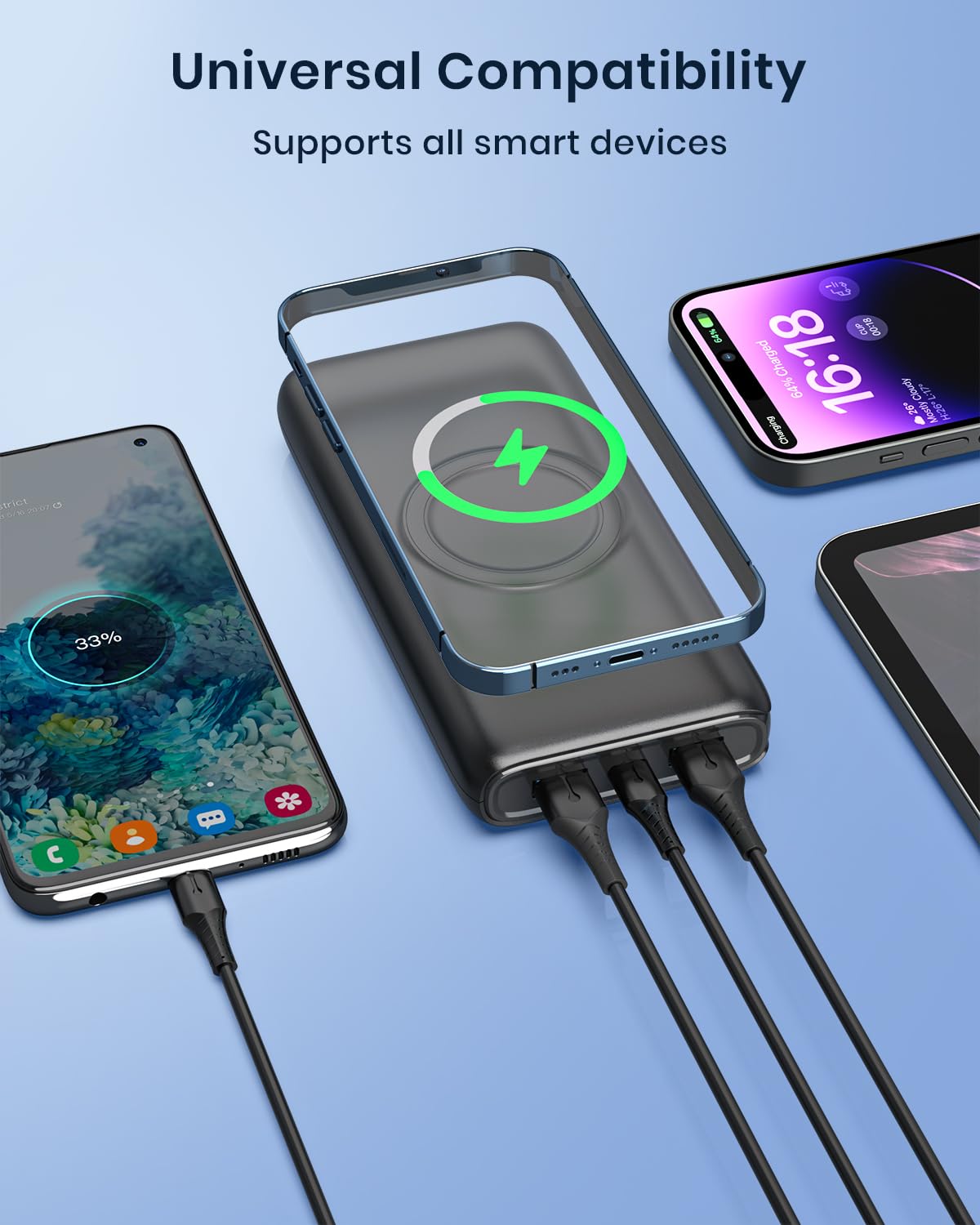 FEELLE Power Bank Wireless 27000mAh 22,5W Ricarica Rapida QC 3.0 PD Caricabatterie Portatile con Display LED e 4 Uscite Batteria Esterna per Smartphone Tablet Ecc (Nero)