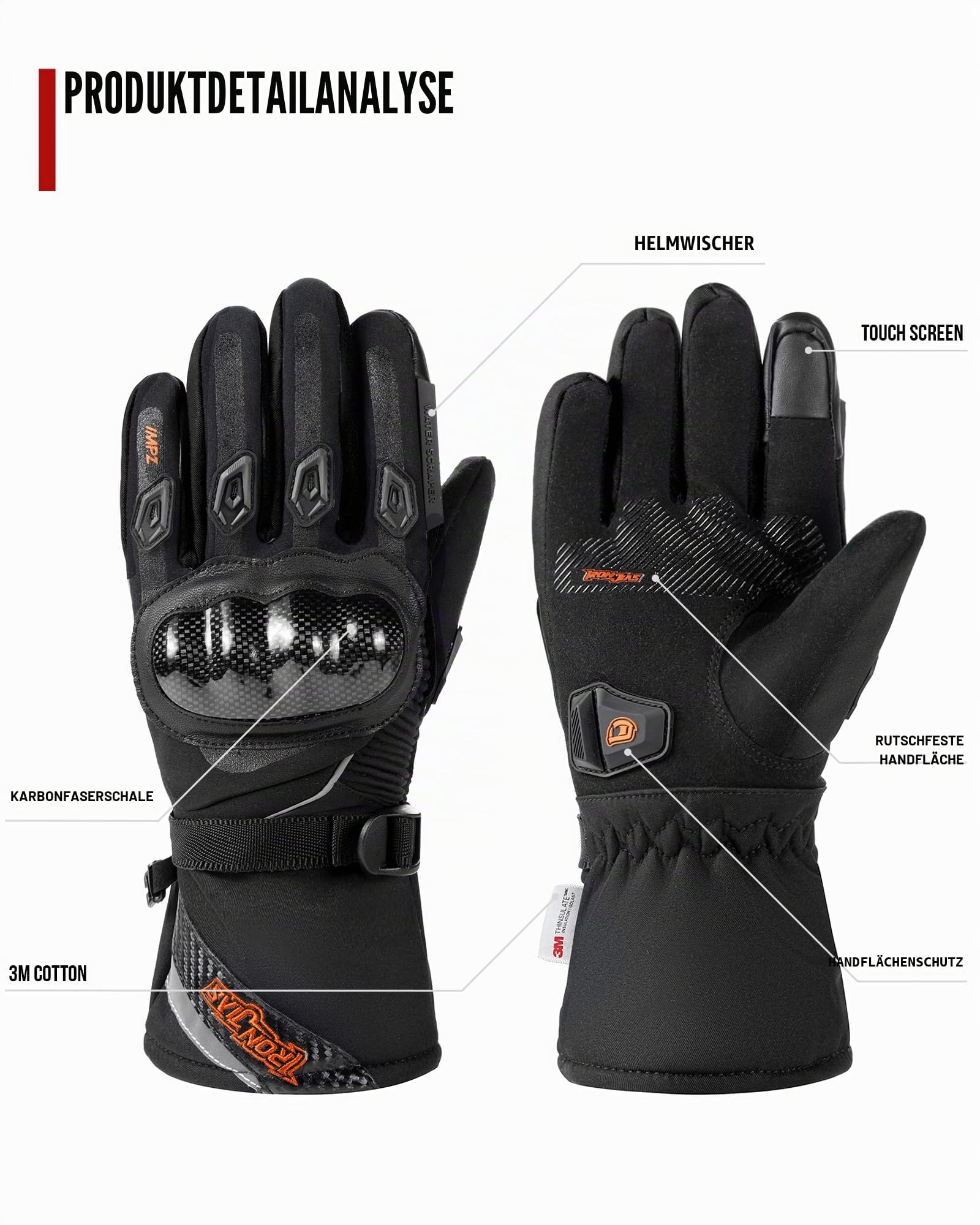 BORLENI Winter Motorradhandschuhe Herren mit CE-Level 1 KP, Motorrad Handschuhe Warm mit 3M Thinsulate, Wasserdicht Winddicht Winterhandschuhe mit Touchscreen & Kohlefaser Knöchelschutz, Größe M-XXL