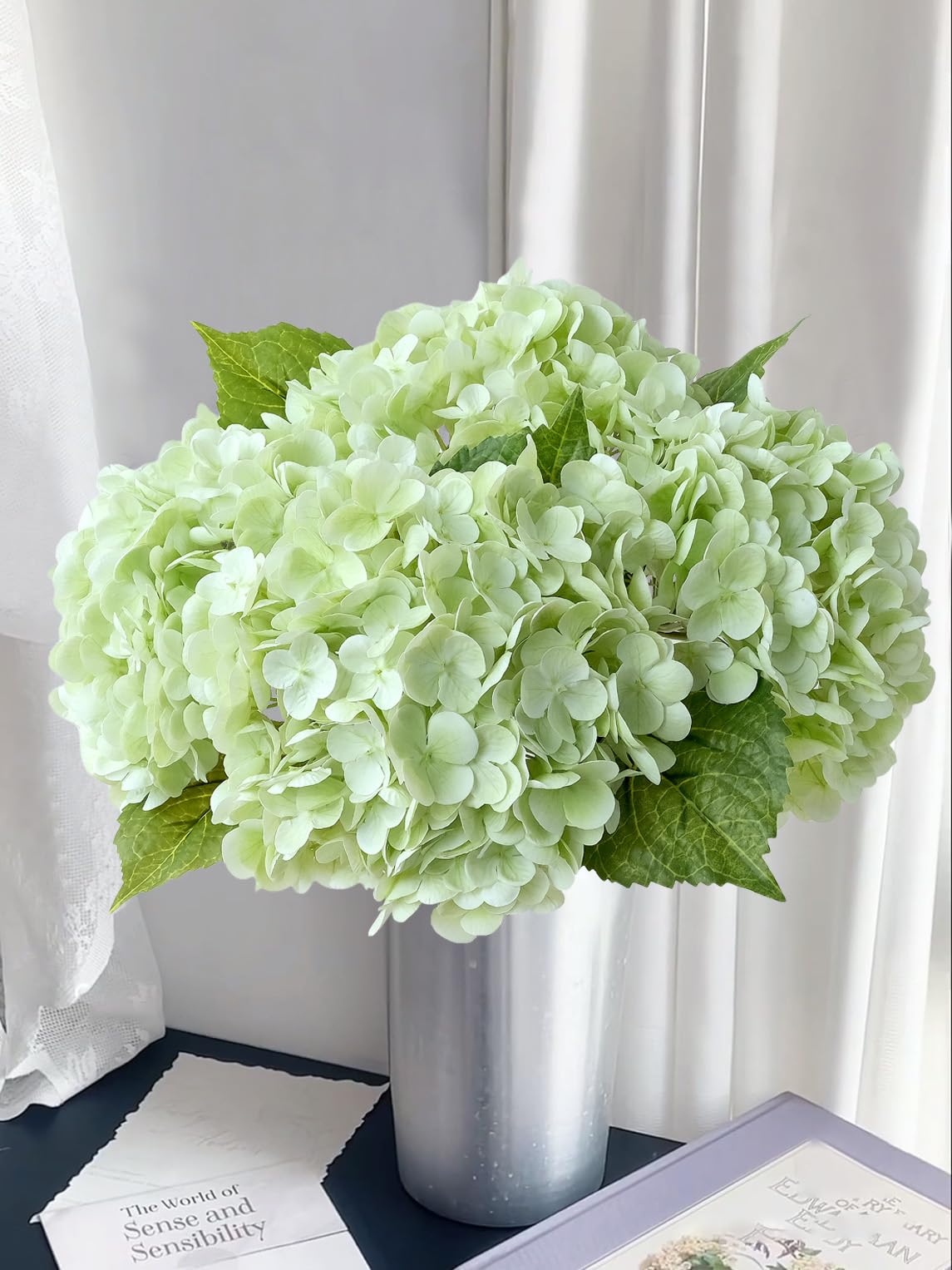 SUMTIPHUN 3 Pcs Light Green Latex Hydrangeas Artificial Flowers 21'' Long Stem Faux Real Touch Hydrangea for Kitchen Porch Living Room Spring Home