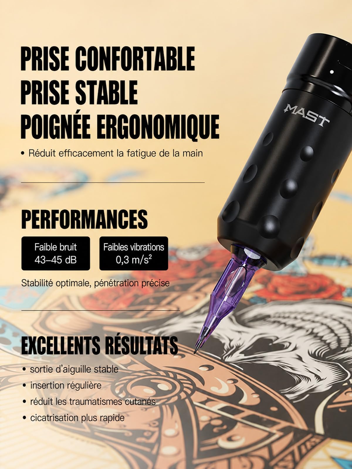 Mast Fold2 Pro Kit Tatouage Professionnel Sans Fil Machine à Tatouer Rotative Tattoo Machine Pen avec 2 Batteries 2000mAh, Connexion RCA, Aiguilles et Encre Doré | Set Complet
