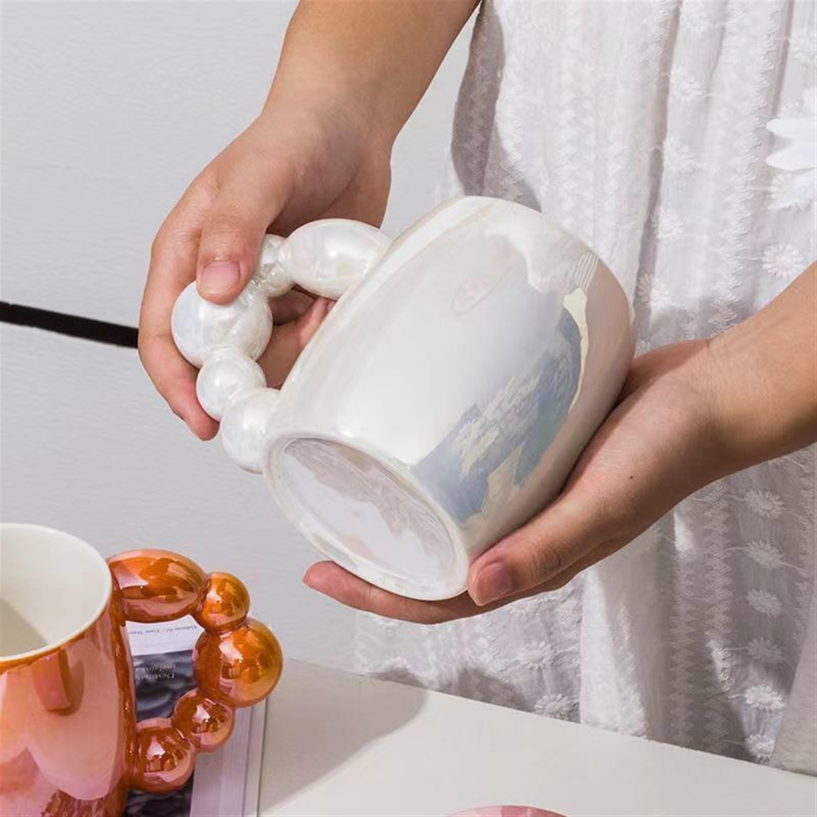 ZXFIYTBH Tazas Tazas Taza de cerámica con Perlas y Cuentas Colores, Taza café Estilo nórdico, Tazas té, Agua, Oficina Taza de Bebida de café | Blue