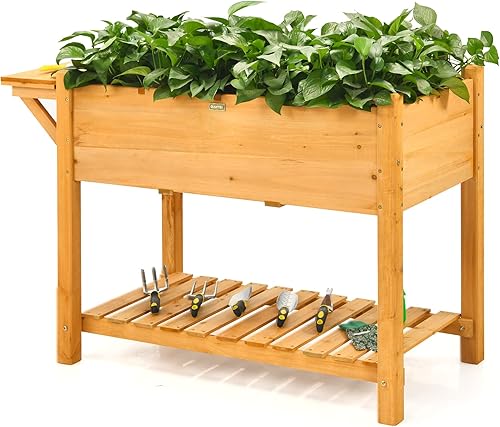 Giantex Maceta elevada, caja de jardín elevada con 8 rejillas y mesa de trabajo lateral, contenedor de madera para plantas al aire libre, patio