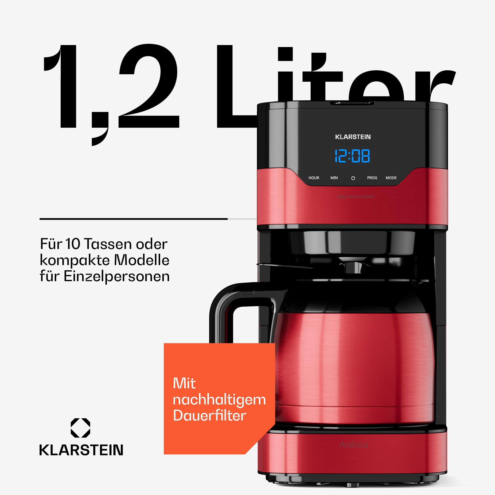Klarstein 1,2 L Kaffeemaschine mit Thermoskanne und Timer, Kaffeemaschine Filtermaschine für 10 Tassen, 800 W Filter Kaffeemaschine Groß, Filterkaffeemaschine mit Edelstahl-Thermoskanne für Kaffee