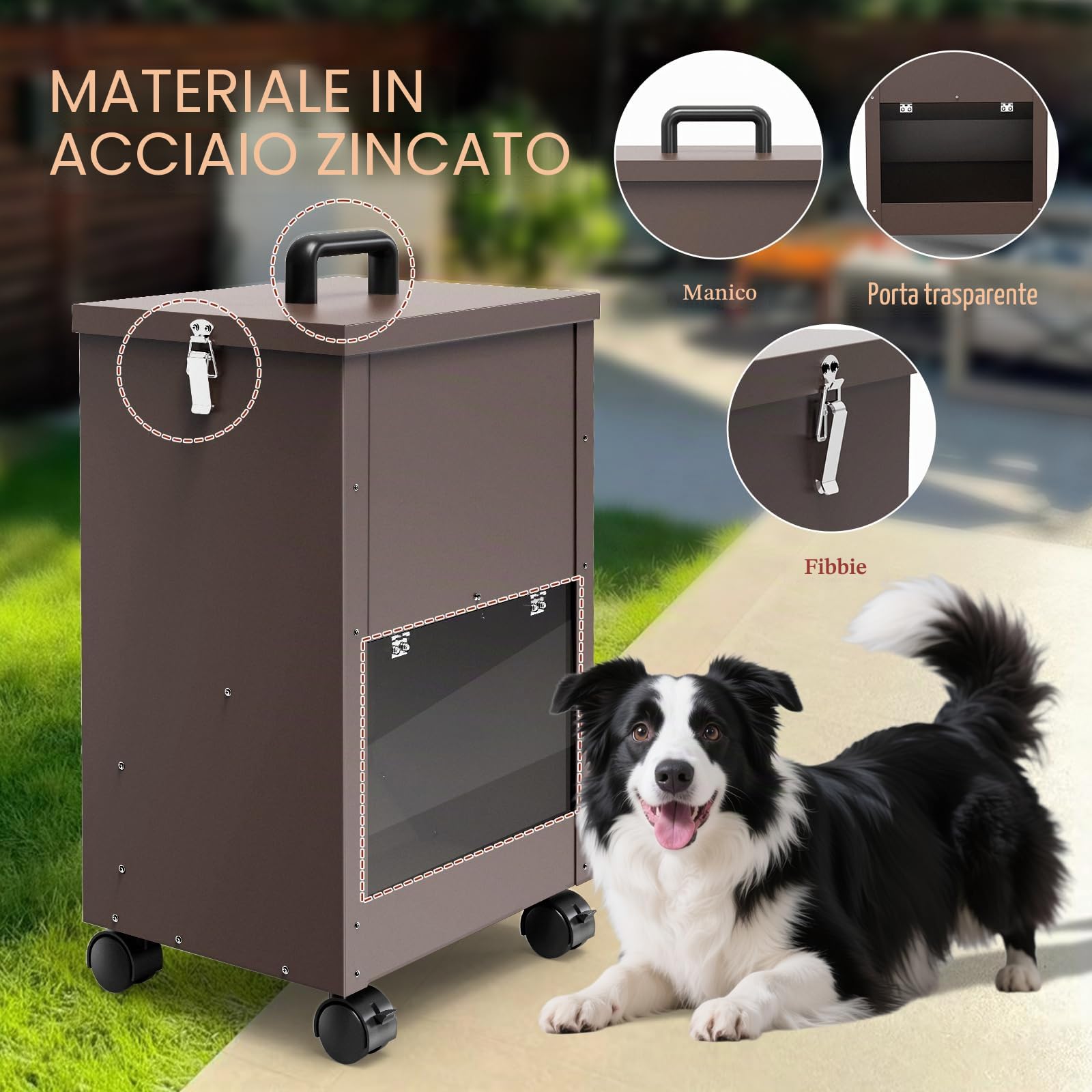 Alimentatore Automatico Per Cani Galvanizzato Per Razze Di Grandi Dimensioni, Distributore Di Cibo Per Cani Da 40L Con Ruote Per Grandi, Alimentatore A Gravità Per Cibo Per Metallico Brun