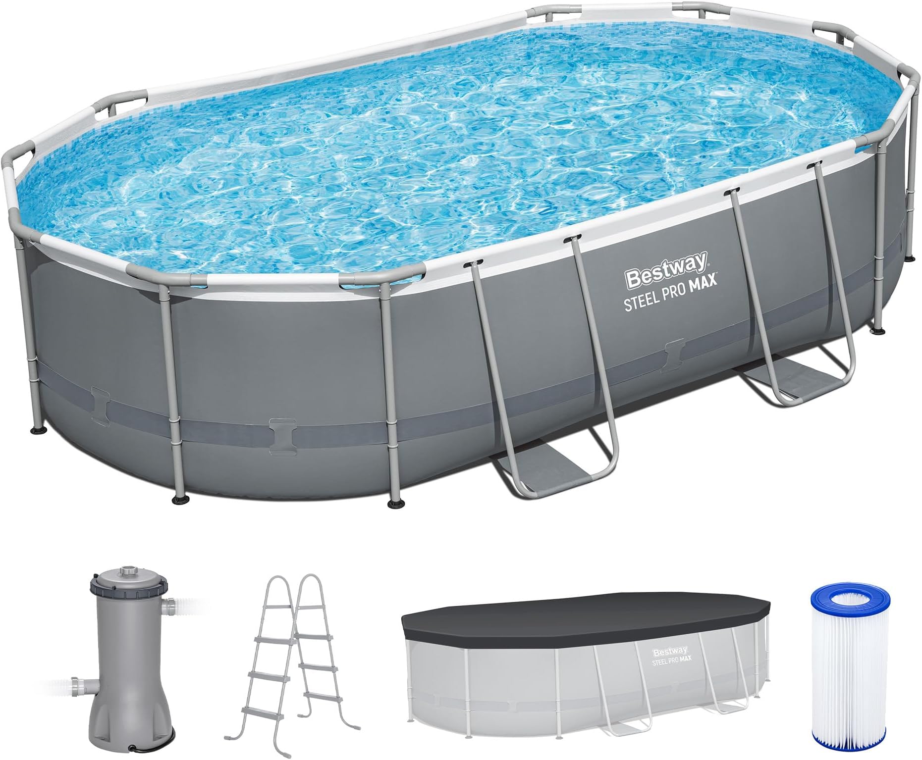 Bestway Steel Pro MAX 16' x 10' x 42" Above Ground Pool, Oval Metal Frame Outdoor Swimming Pool Set with Filter Pump, Ladder, and Cover, Gray