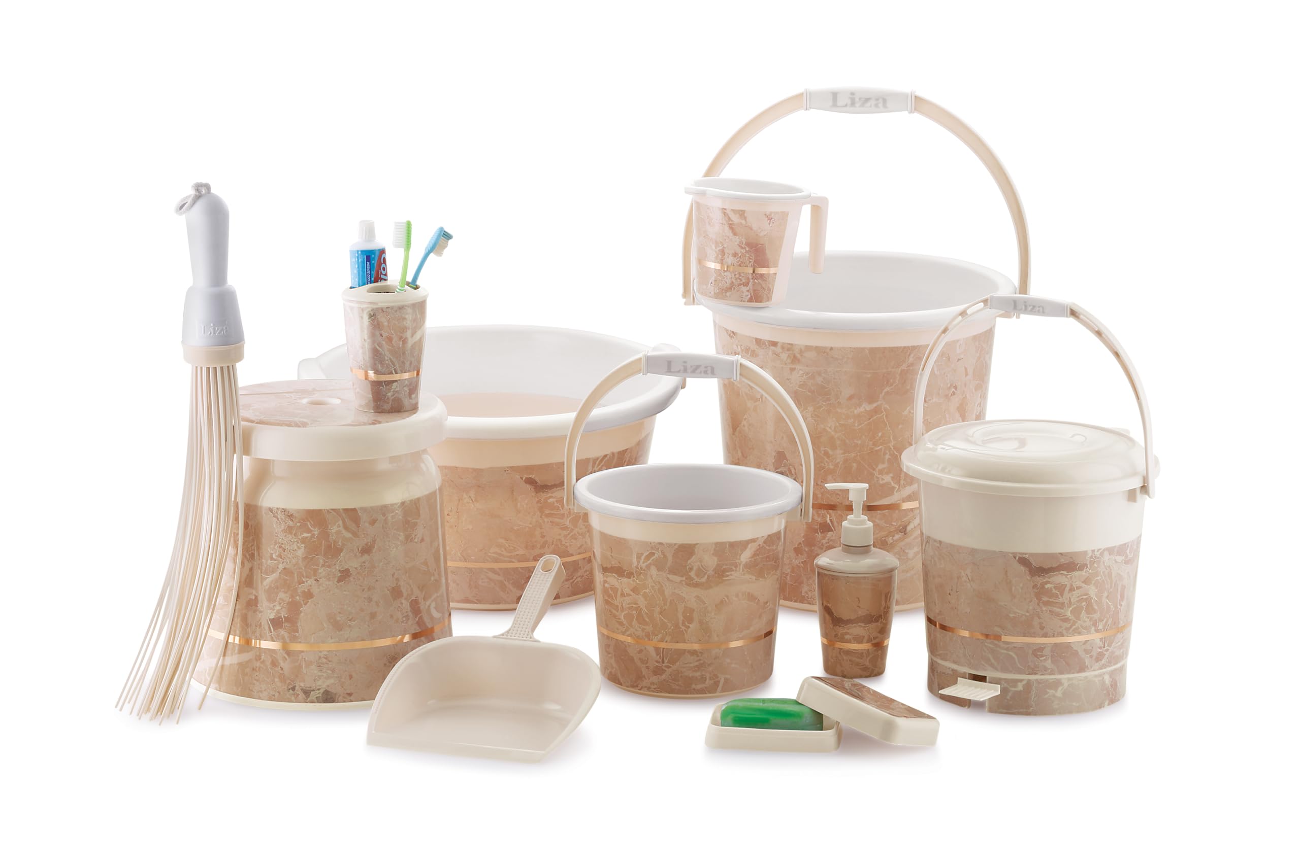 Liza Orry - 11 pcs Bathroom Accessories Set Plastic Bath Set Bathroom 20 LTR. Bucket, 1 LTR. Mug Combo Set for Home Bathroom Set. (Beige)