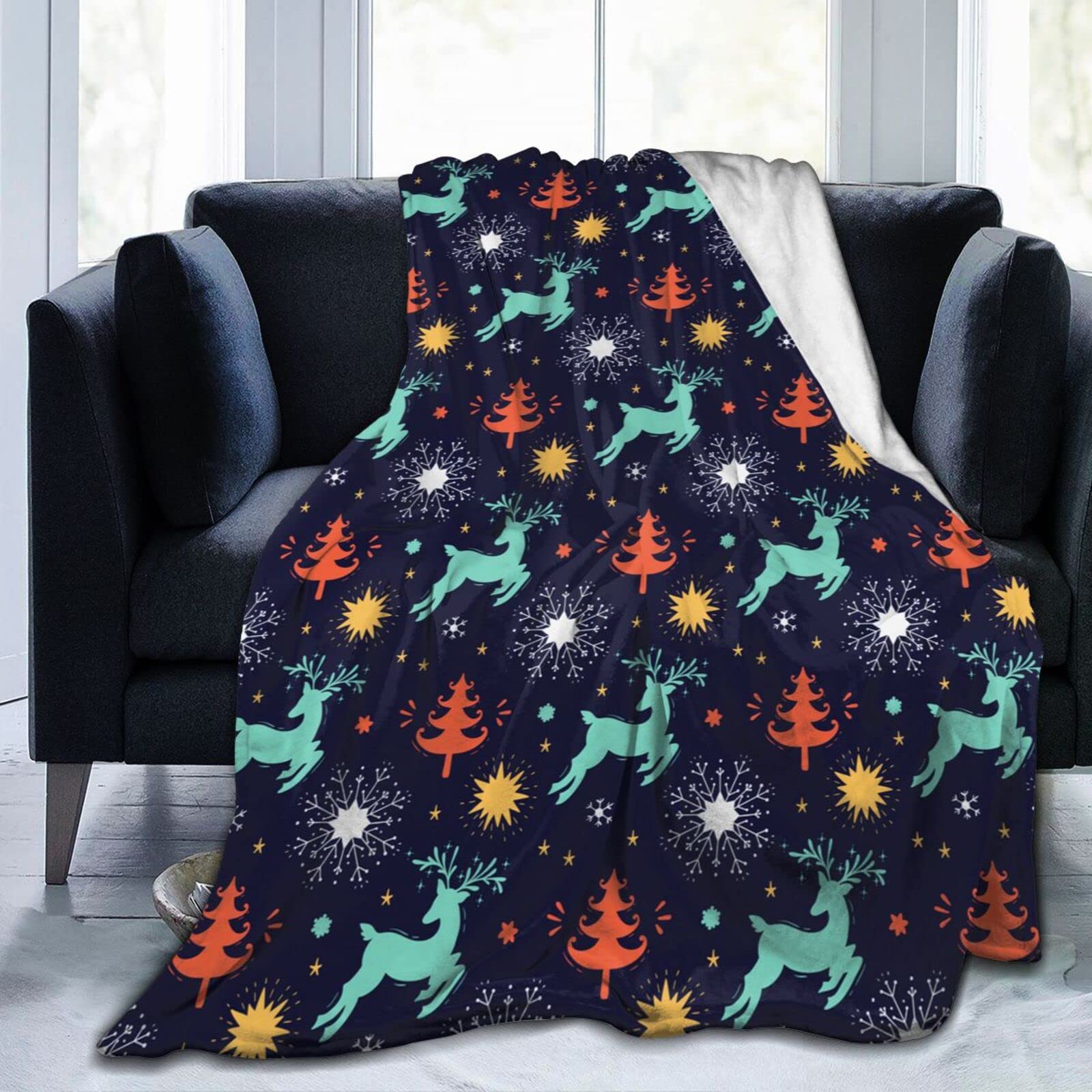 Lsjuee Christmas Reindeer Xmas Tree Snowflakes Throw Blanket Warm Cozy Blankets Lightweight Soft Cozy Flannel Winter Holiday Blanket for Sofa Couch Bed Office Xmas Gift 50"X40"
