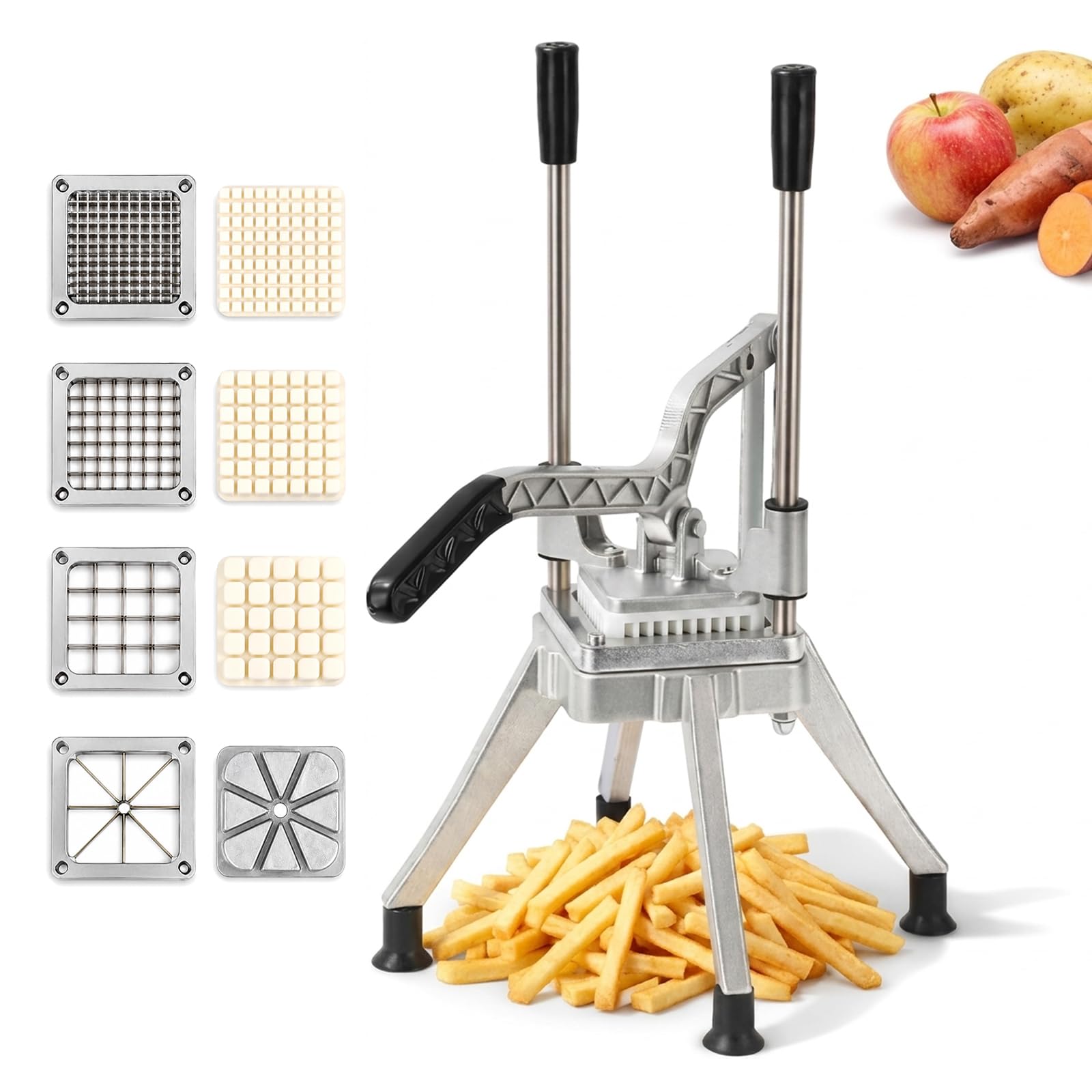 Pommesschneider, Kartoffelschneider Pommes Frites Schneider Kommerzieller Zerkleinerer mit 7mm, 9mm, 14mm und Spaltenmesser Edelstahl-Klingen für Süßkartoffeln Karotten Yamswurzeln und Gurken