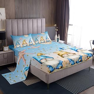 Manfei Cute Gnome Bed Sheet Set Queen Size 4pcs,Summer Seaside Beach Fitted Sheet Set for Kids Boys Men Teens,Coastal Camping Bedding Set with 1 Flat & 1 Fitted Sheet with 2 Pillowcases