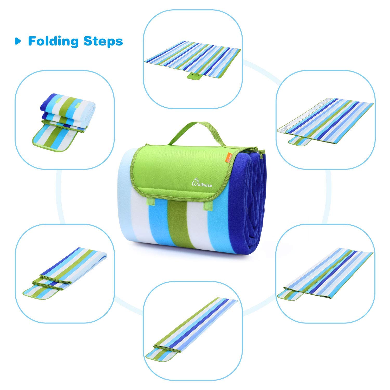 Wolfwise Picnic Blanket Extra Large Fleece Beach Mat with Waterproof Backing Anti Sand,200x200cm XXL,Green Stripes