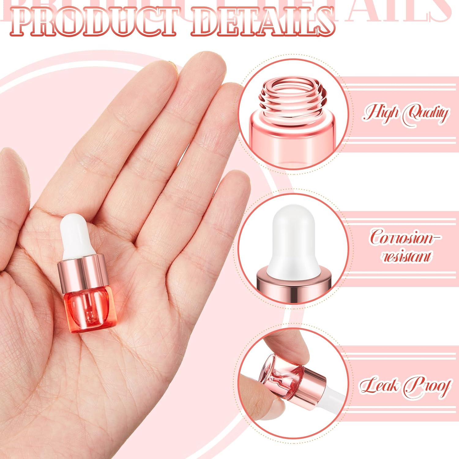Didaey 100 Pcs 1/2/3/5/10/15 ml Mini Glass Oil Dropper Bottle Bulk, Clear Essential Small Empty Bottles Sample Containers Perfume Liquid Vials with Cap for Traveling (1 ml,Blush Pink)