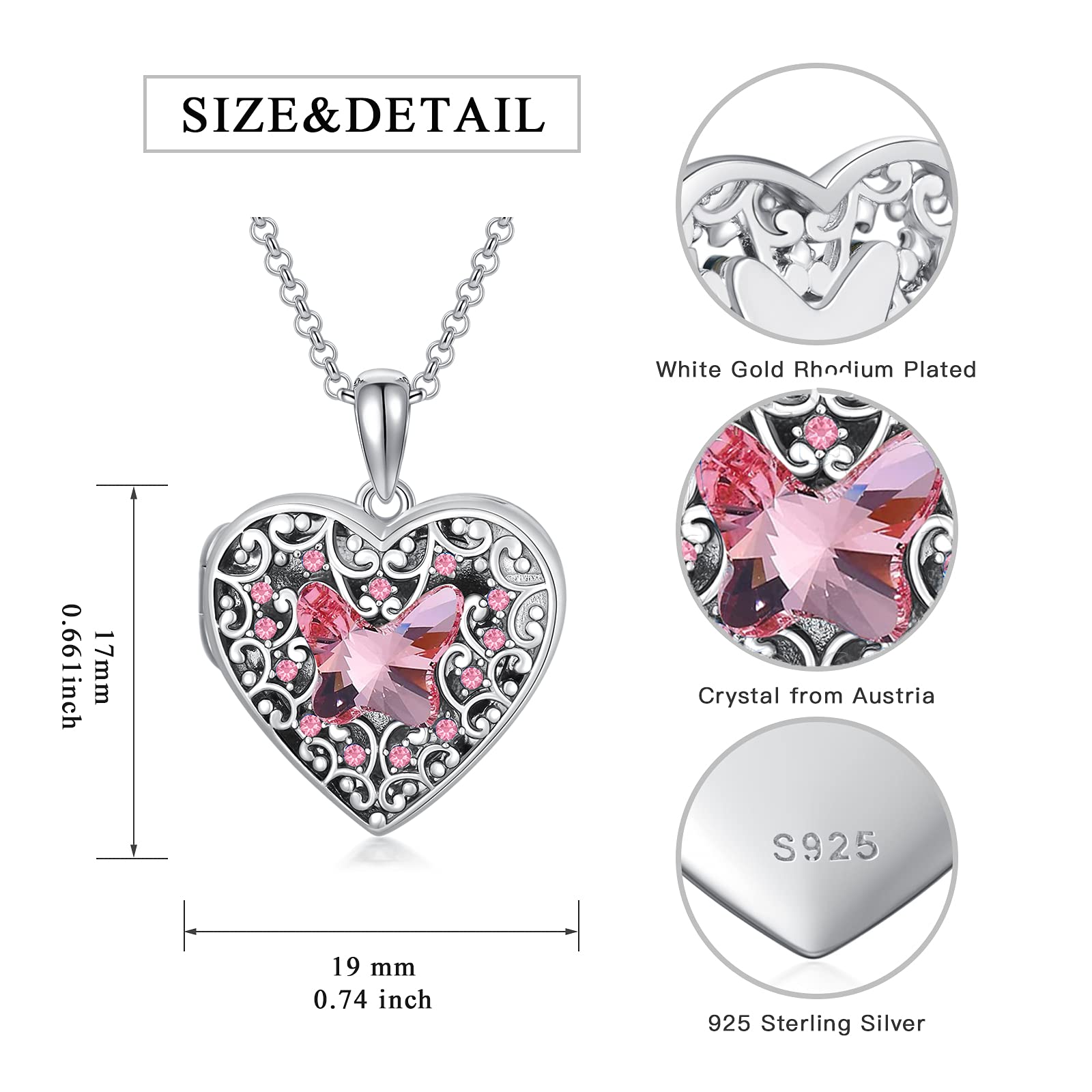 Dorunmo Médaillon en forme de cœur pour 1 photo en argent 925 avec cristal papillon avec chaîne de 45 cm avec emballage cadeau élégant pour femme, petite amie, maman, Saint-Valentin, fête, Noël, Base