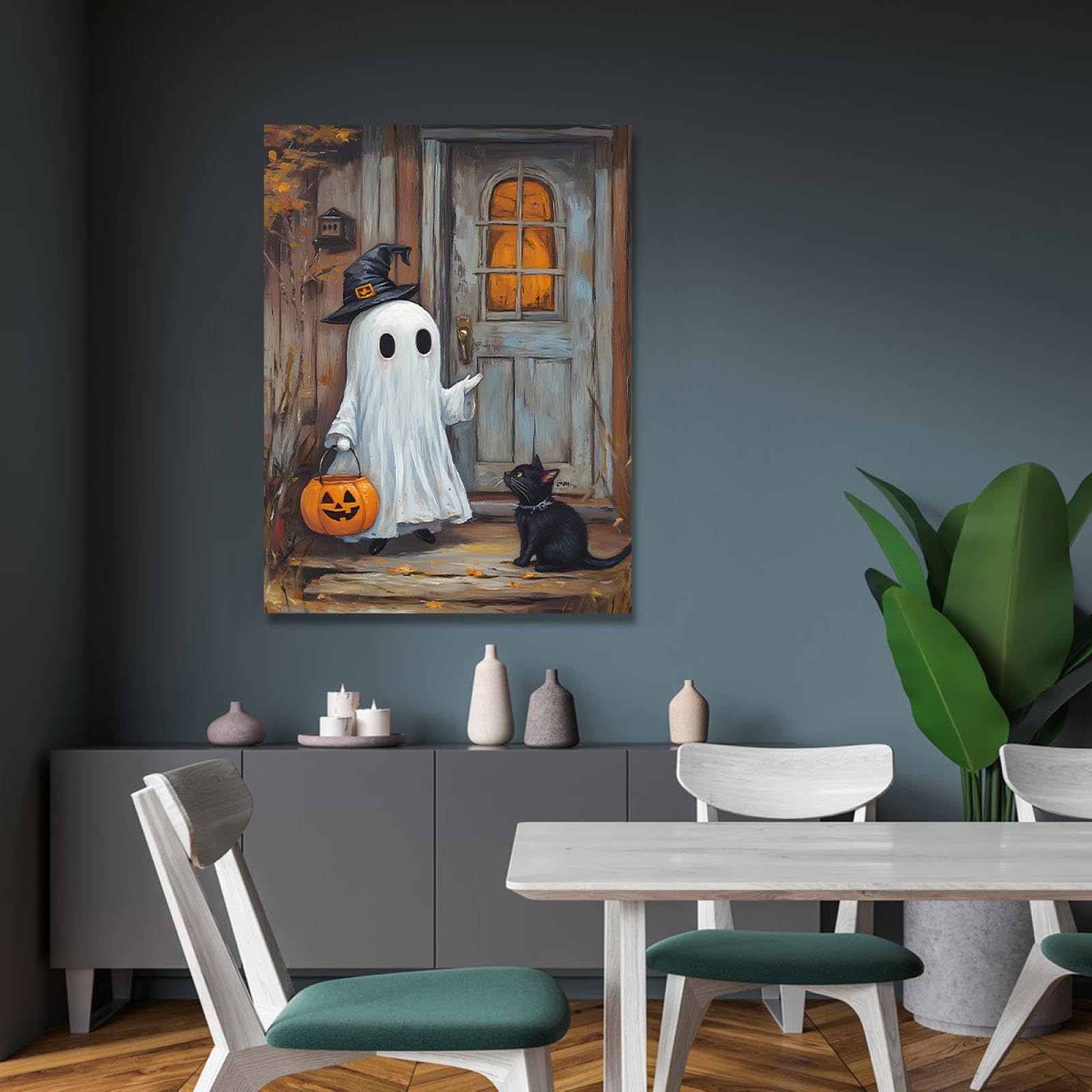 Via Vela Dunkler und seltsamer Stil Leinwanddruck Wandkunst Karikatur Alter Innenhof Geist und schwarze Katze Poster Bild Malerei für Klassenzimmer Dekor 50x75cm Innenrahmen