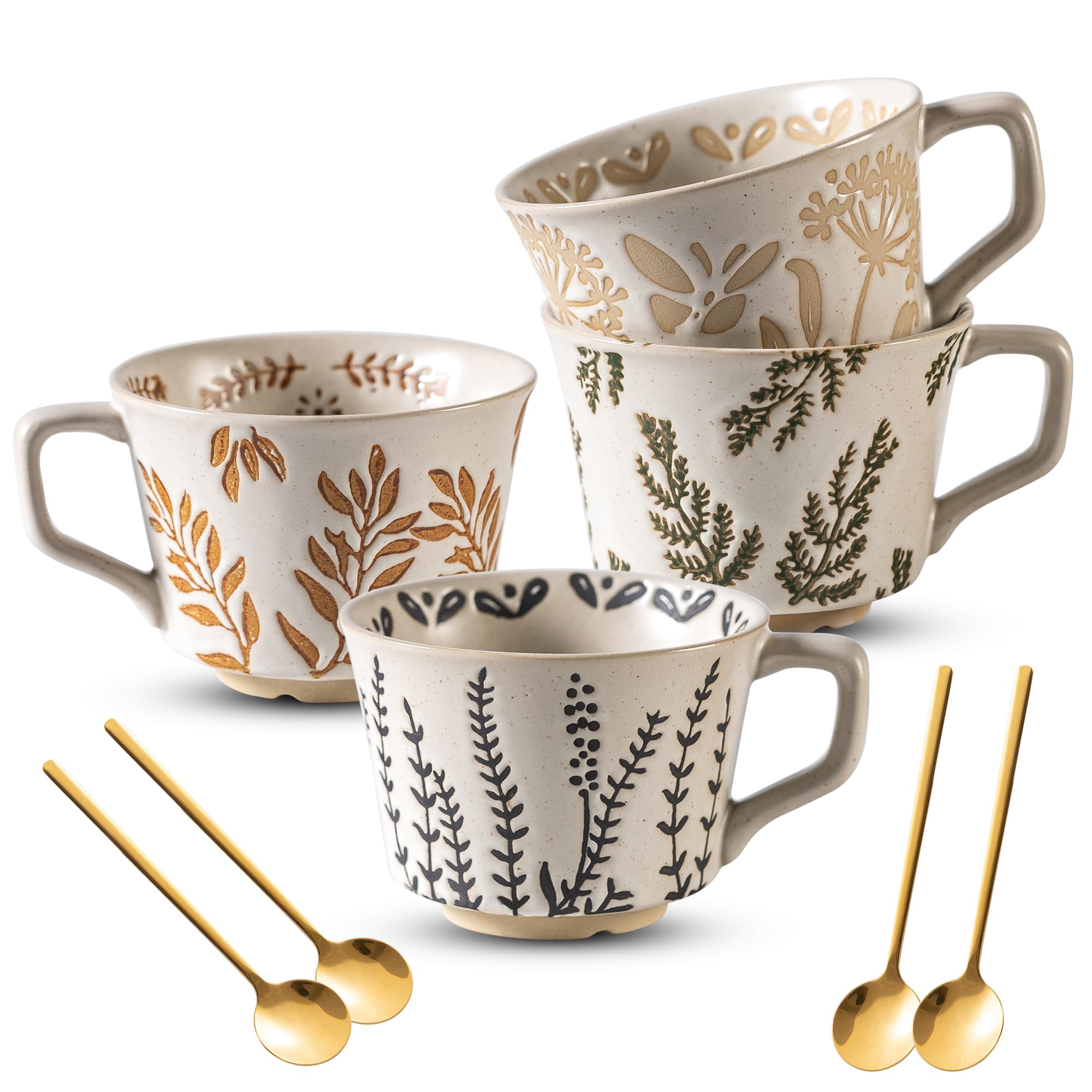 Ceramic Mugs 11 oz Unique Luxurious Cups Set of 4 with Premium Spoon, Mug for Coffee Milk Latte Cappuccino Tea, for Office Home Dishwasher Birthday Gift Microwave Freezer Safe Stoneware Mixed