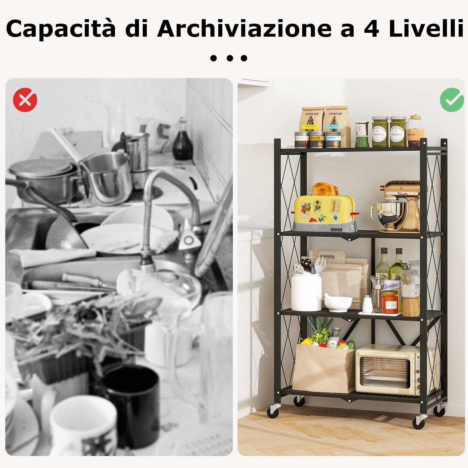 RELAX4LIFE Scaffale Pieghevole, Scaffale Metallico a 4 Livelli per Impieghi Gravosi con 4 Ruote Universali, Scaffale Organizzatore Salvaspazio per Cucina, Soggiorno, Studio, Nero