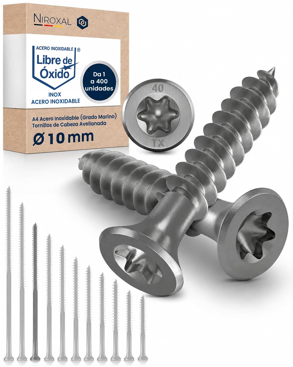 Tornillos para madera de acero inoxidable A2 cabeza avellanada Torx TX40 – Rosca parcial – 10x220 mm – 100 unidades – Tornillos universales para madera