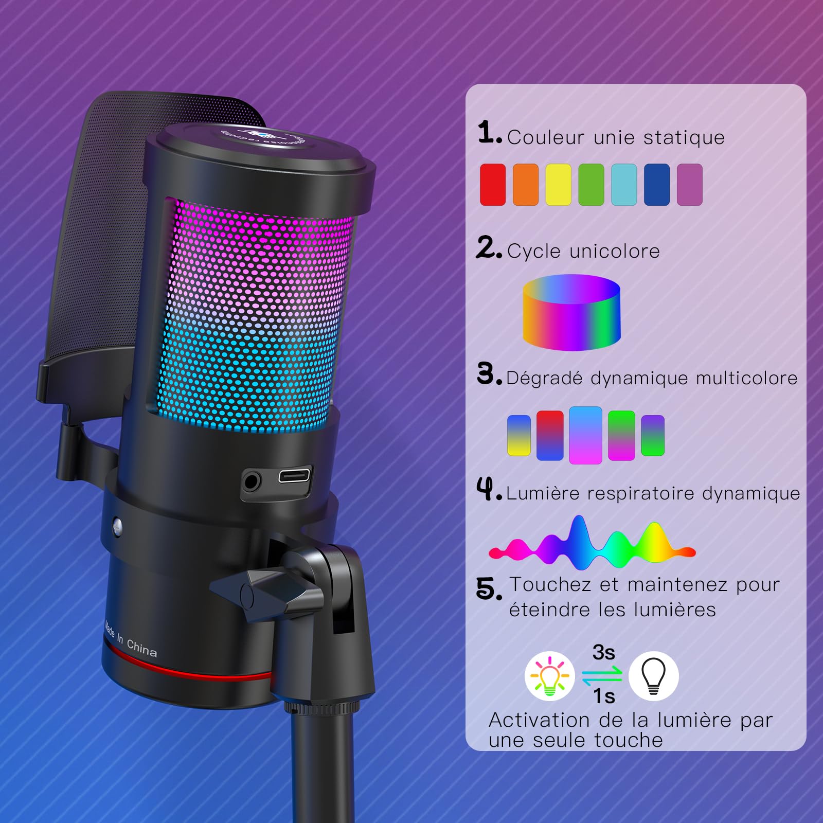 zealsound USB Gaming Microphone,Microphone condensateur à réduction de Bruit pour iPhone/iPad/PC/Mac,avec RGB,Touch Mute,Gain,Prise de contrôle,pour Streaming,Podcast,Youtube,Discord,PS4/5,Gamer Wave