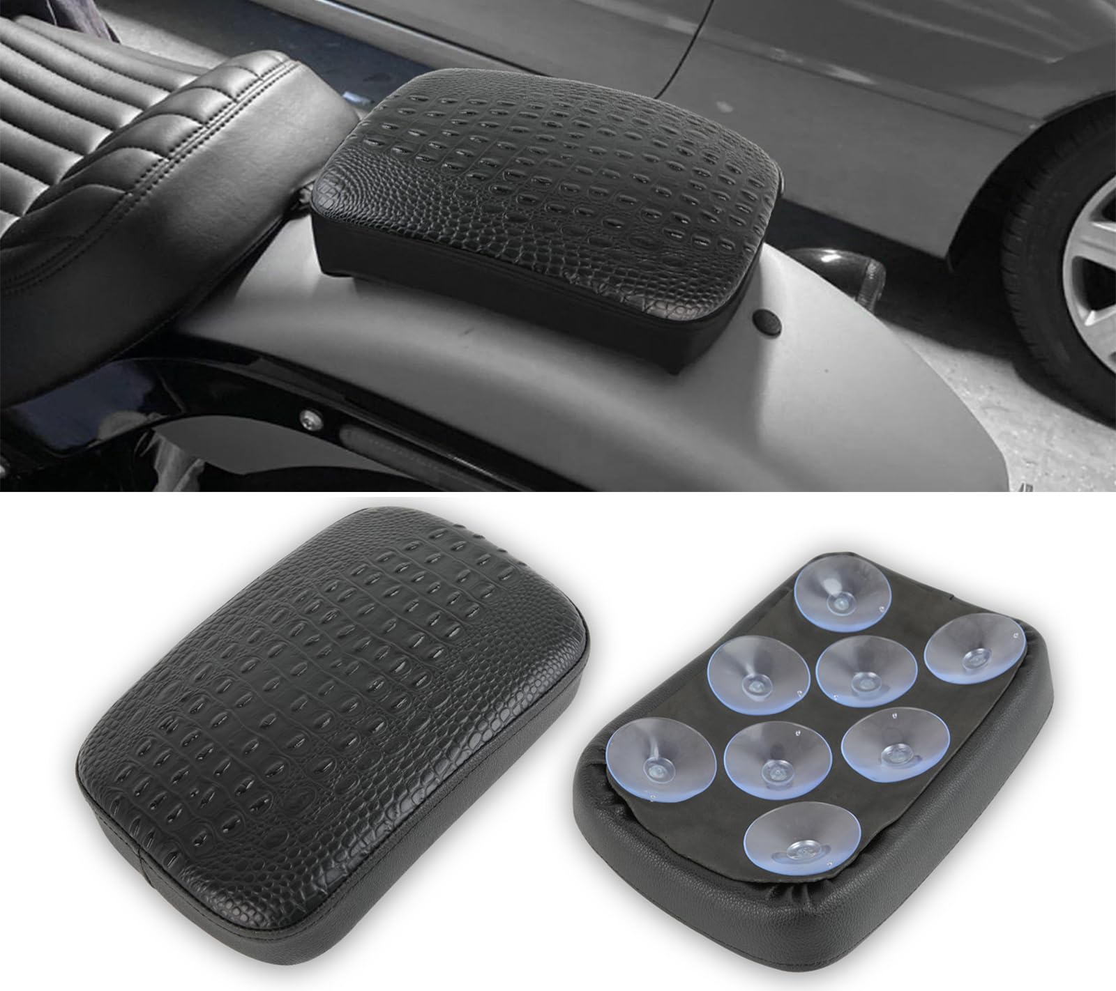 DREAMIZER Black Crocodile Leather Pillion Passenger Pad Rectangular Motorcycle Solo Seat Universal Rear Cusion 8 Suction Cups Pillon Cushion Compatible with Harley Custom Chopper Cruiser