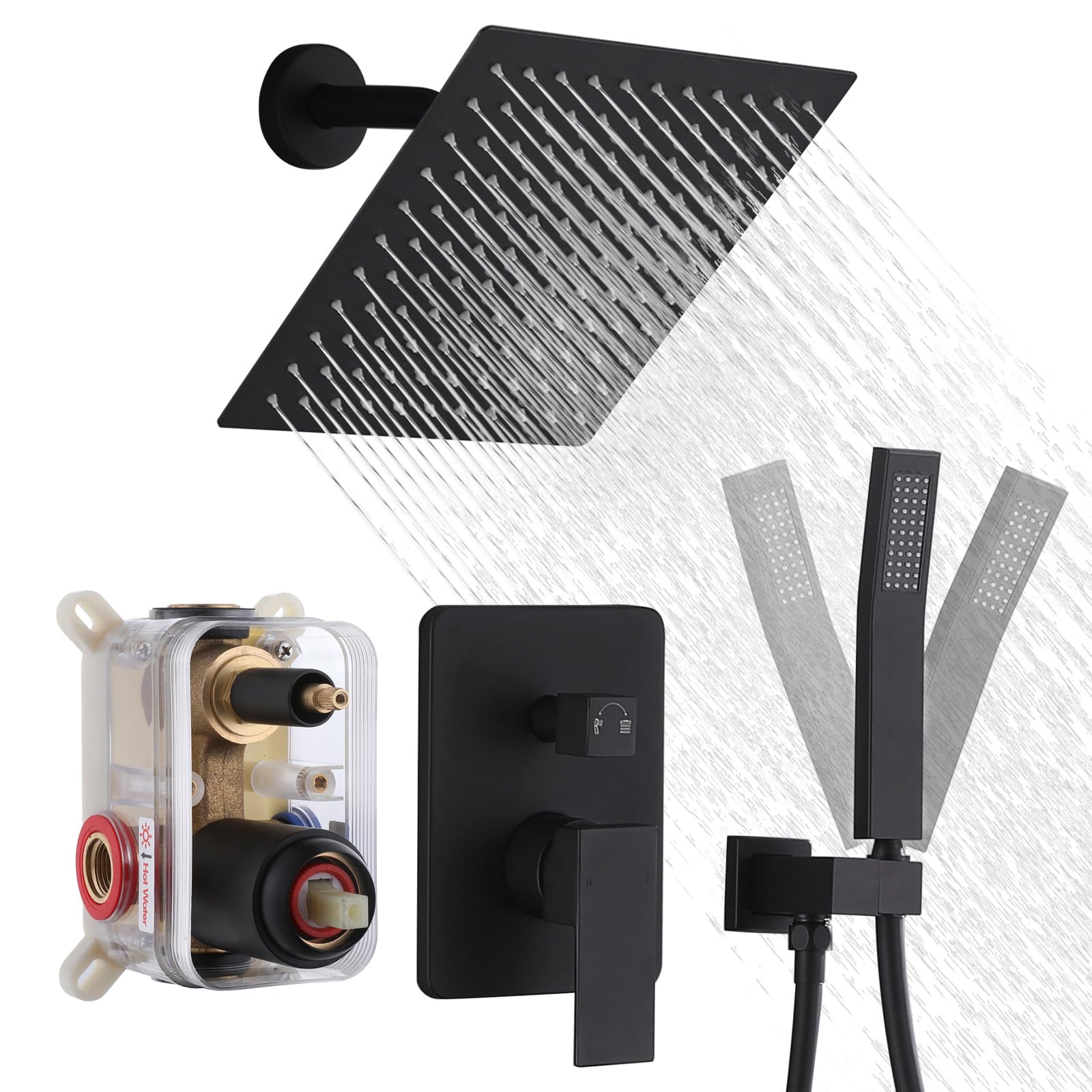 Bathroom Shower Faucet Set Wall Mount with Hand Shower Rainfall Shower Kit Luxury 10 Inch Bathroom Shower Head System Single Handle Wall Mounted Shower Fixtures, Angle Arm Matte Black