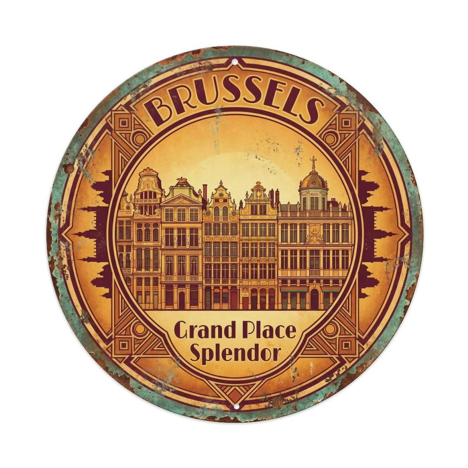 Brussels Splendor Heritage Travel Metal Tin Sign Plaque Wall Decor for Cafe, Club, Garden Round Metal Poster 8x8Inch