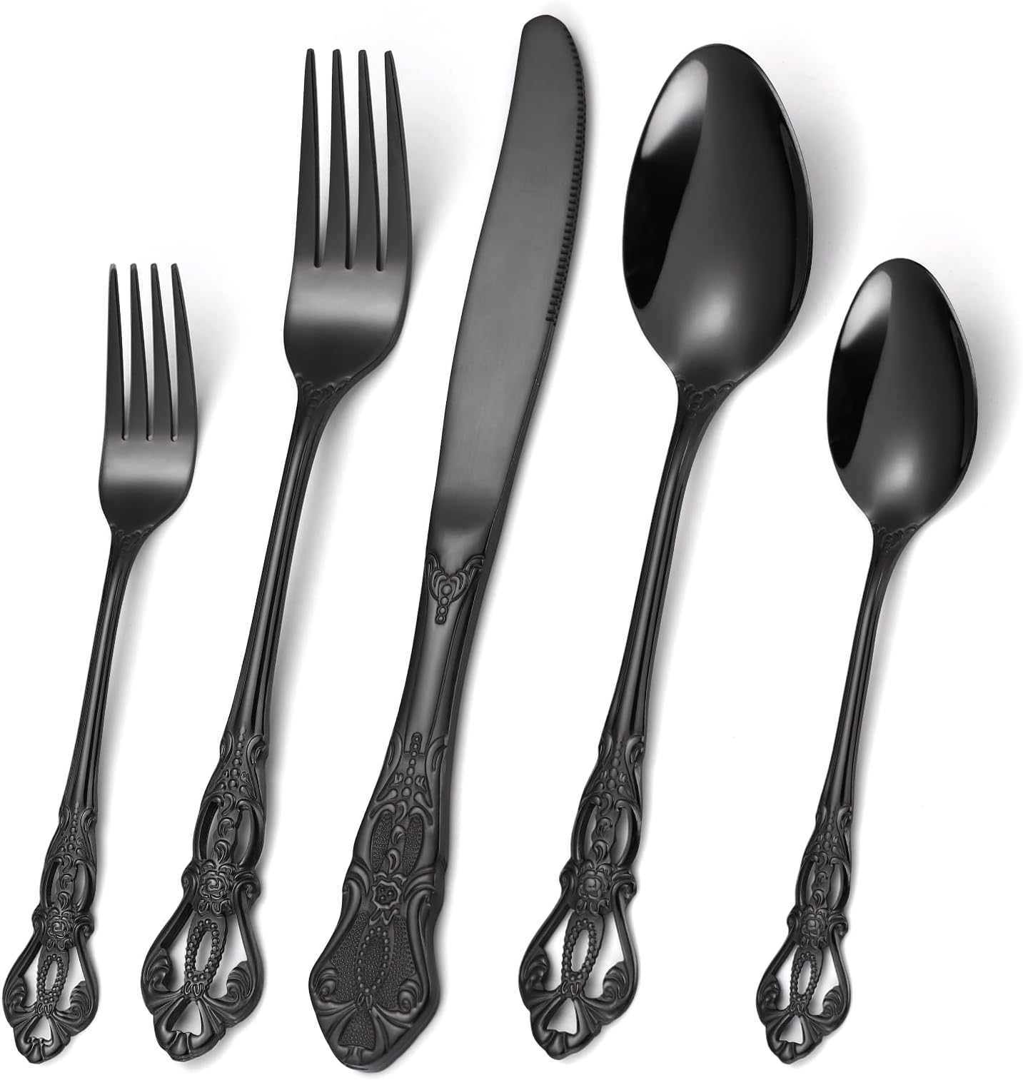 20 Pieces Black Gorgeous Retro Royal Silverware Set For 4,Stainless Steel Fine Vintage Service Flatware Set Anti-rust Dark Unique Utensil Fork Spoon Knife,Antique Baroque Cutlery,Dishwasher Safe