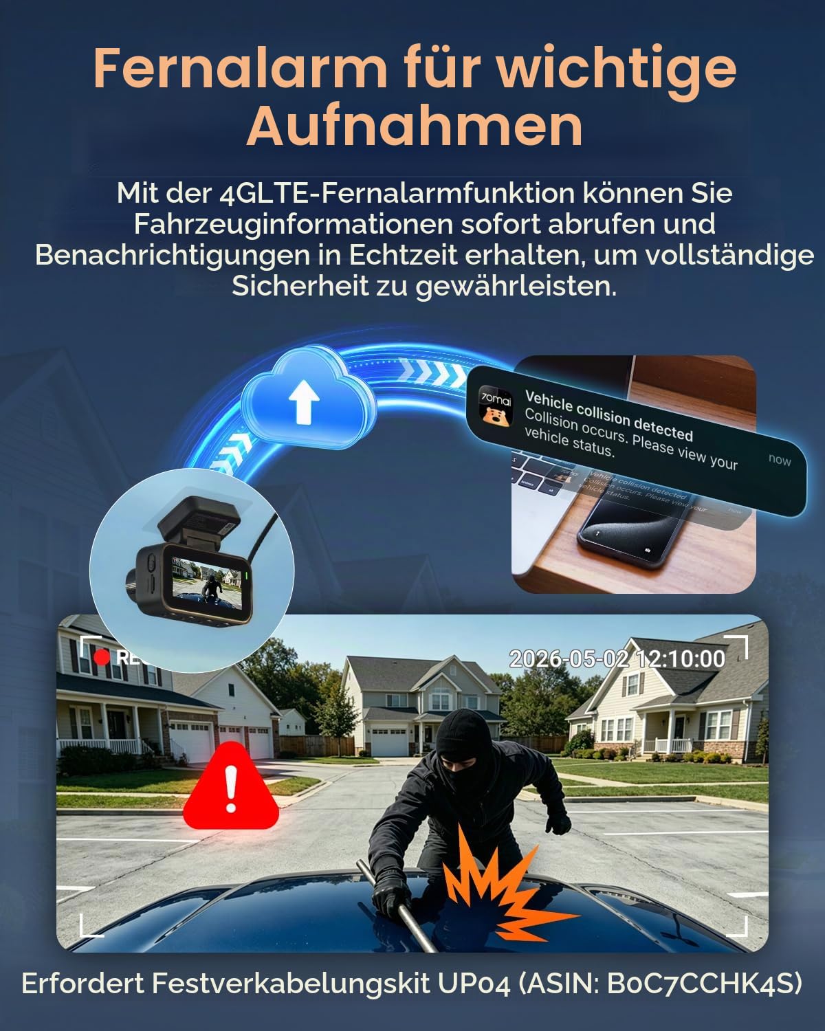 【70mai A810 Lite Dashcam + 64GB SD Karte + UP04】 70mai A810 Lite Dashcam, HDR Dual-Kanal Dash Cam, 2160P+1080P mit 64GB Karte, 24H Parküberwachung mit 4G LTE Fernzugriff